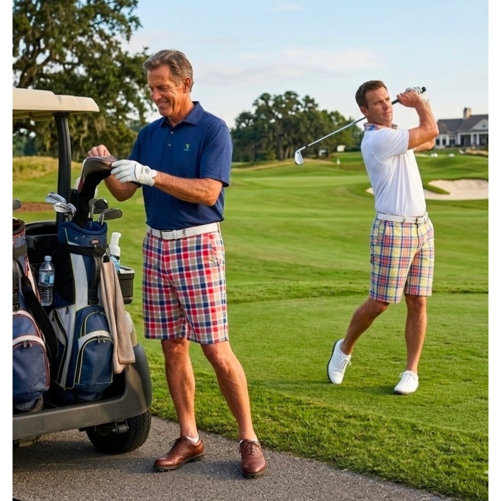 Linea Uomo Men's Seersucker Golf Shorts 2 Pair Red Blue Plaid Size 42 Preppy